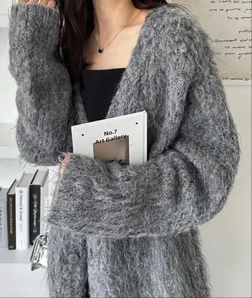 믹스 샤기 오버 사이즈 V넥 가디건 L 사이즈 그레이