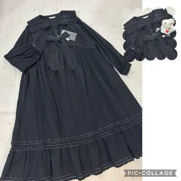 핑크하우스 면 원피스 긴팔 리본 피코프릴 옷깃