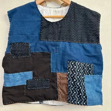 네이비 나염 빈티지 원단 자수 베스트