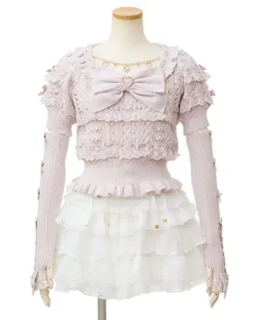 LIZLISA 사다리 리본 프릴 암워머 니트 핑크