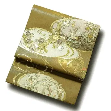 7454 사계절 초화 문양 칠박 순수 실크 후쿠로 오비 미사용