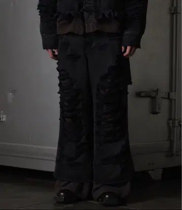 GRANCY 맨투맨 도킹 디자인 데미지 배기 데님 팬츠 블랙 L