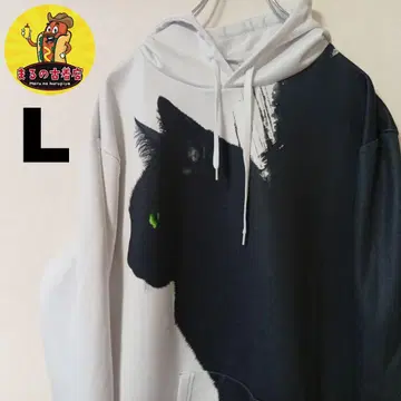 USA 구제 의류 스포츠 후드티 L 고양이 화이트 블랙