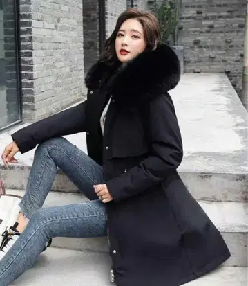 블랙 플리스 퍼 포함 롱 코트