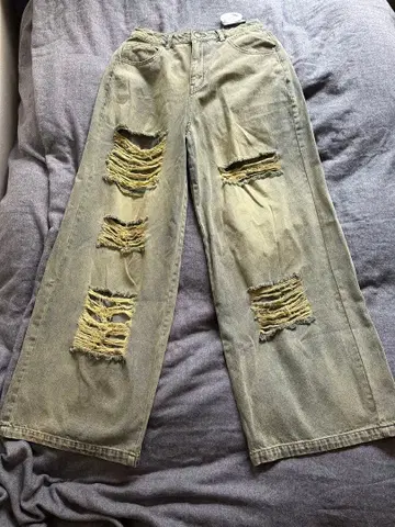 HTH 미사용 새상품 데미지 가공 와이드 레그 데님 인디고