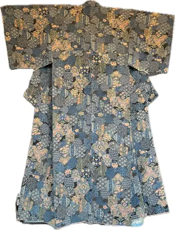 [순수 실크] 에키조틱 꽃무늬 사라사 블루 계열 귀여운 기모노