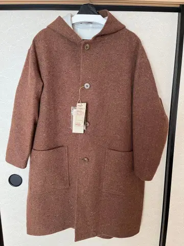 후드 부착 코트 울 혼방 능직