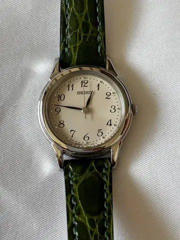 SEIKO 아날로그 수동 와인딩 시계 그린 가죽