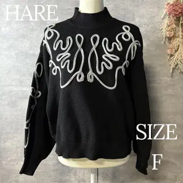 HARE 코드 자수 니트 풀오버 긴팔 블랙 프리 사이즈