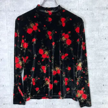 레트로 오리엔탈 모드 구제 의류 벨로아 꽃무늬 모크넥 긴팔 상의