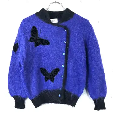 IMAGO 쇼와 레트로 구제 의류 모헤어 샤기 나비 자수 더블 니트 자켓