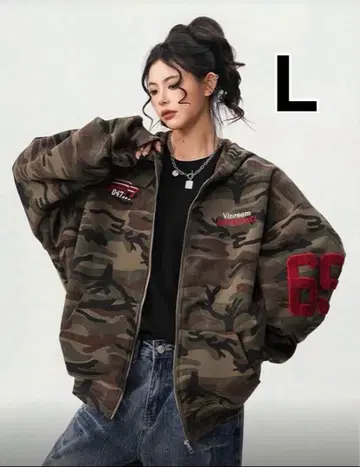 스트릿 후드티 카모 패턴 자수 L 사이즈 y2k