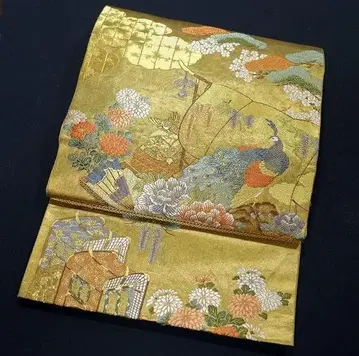 7472 진흙 금박 길상 문양 순수 실크 후쿠로 오비 새상품급