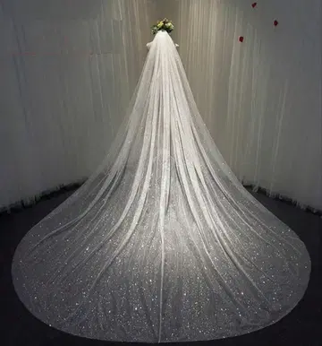 화이트 글리터 롱 트레인 웨딩 베일