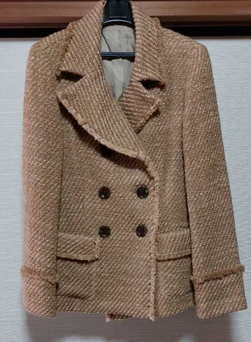 브라만 베이지 브라운 트위드 더블 브레스트 피 코트 38