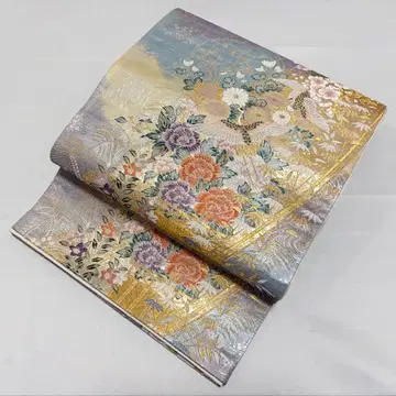 A 꽃과 학 무늬 금은사 파스텔 순수 실크 육통 후쿠로 오비 포멀 O33