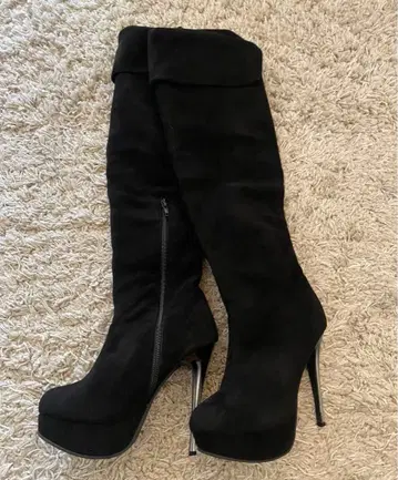 Mafmof 블랙 니하이 부츠 통굽 스웨이드 느낌 블랙 하이힐