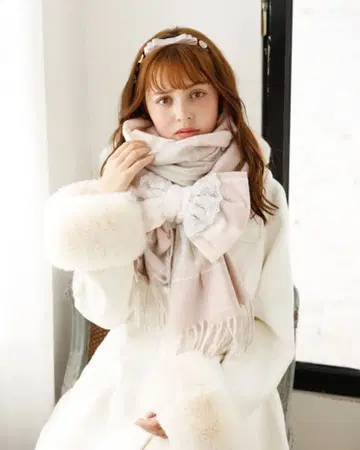 LIZLISA 체크 리본 머플러 스톨 그레이