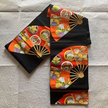 블랙 후쿠로 오비 꽃과 부채 자수 순수 실크