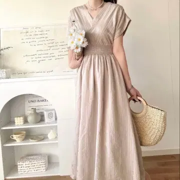 클래식 엘프 원피스 반팔 셔링 V넥 롱 원피스