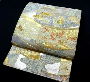 7678 사계절 초화 길상 문양 순수 실크 후쿠로 오비 미사용