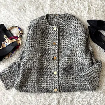 미라 오웬 트위드 노카라 코쿤 금장 버튼 블레이저 오버 사이즈