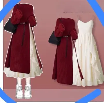 빨간색 니트 원피스 긴팔 드레이프 디자인