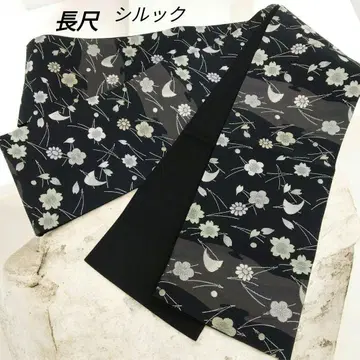 반폭 오비 후키요세 벚꽃 블랙 토레이 실크 롱 사이즈 #1424
