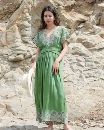 ZURI 자수 그린 롱 원피스