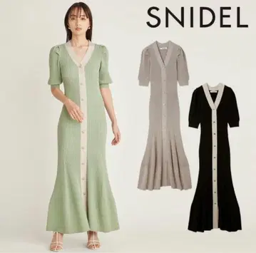 SNIDEL 프론트 버튼 라메 니트 원피스 베이지