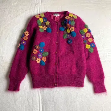[ 니트 가디건 꽃무늬 입체감 와인 레드 모헤어 느낌 구제 의류 ]