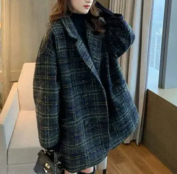체크 무늬 트위드 체스터 코트 드롭 숄더 한국 네이비 그린