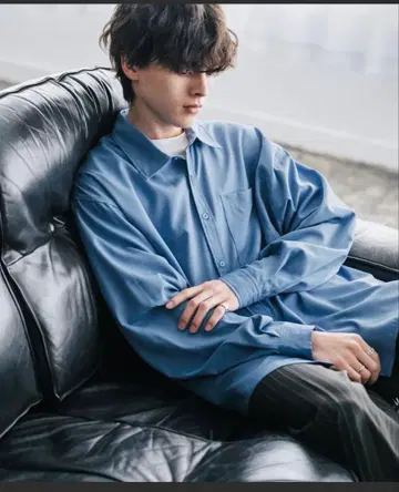 오버 사이즈 레귤러 카라 스트레치 긴팔 셔츠 블루