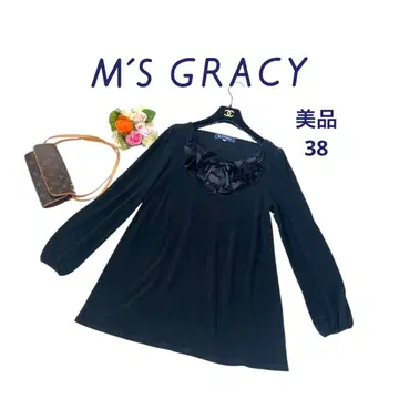 새상품급 엠즈 그레이시 벨로아 느낌 티셔츠 긴팔 프릴 리본 블랙 38