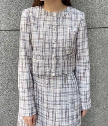 상하의 세트 릴리안 캐럿 트위드 노카라 자켓 스커트