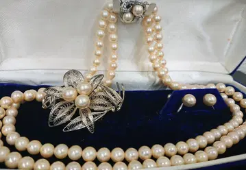 S 진주 추측 3종 세트 이중 목걸이 귀찌 브로치 크림 펄