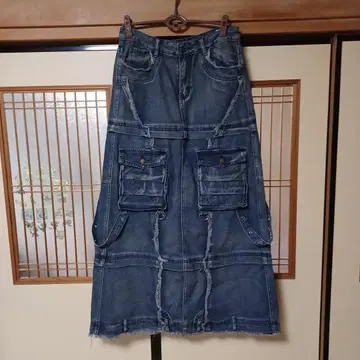 데님 블루 타이트 스커트 프린지 가공