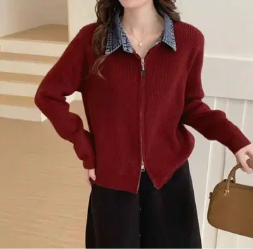 데님 옷깃 W 집업 가디건 와인