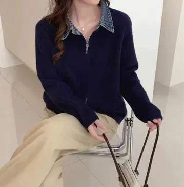 데님 옷깃 W 집업 가디건 네이비