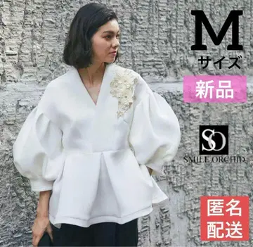 SMILE ORCHID 꽃 모티브 V넥 벌룬 소매 상의 M 화이트