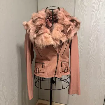 천연 가죽 핑크 퍼 부착 라이더 자켓