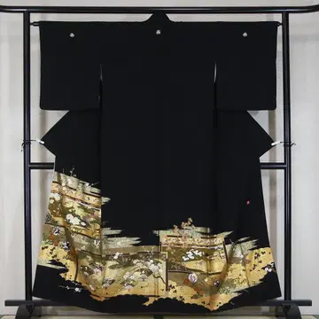 금채 자수 나전 순수 실크 블랙 토메소데 155cm a891