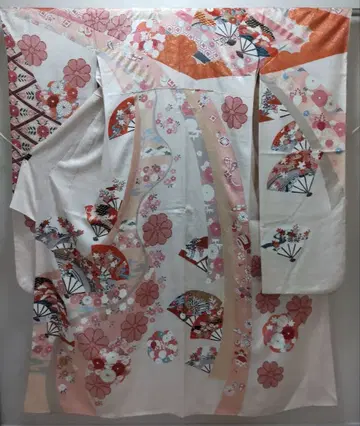 순수 실크 부채 문양 사계절 풀꽃 무늬 후리소데 (869)