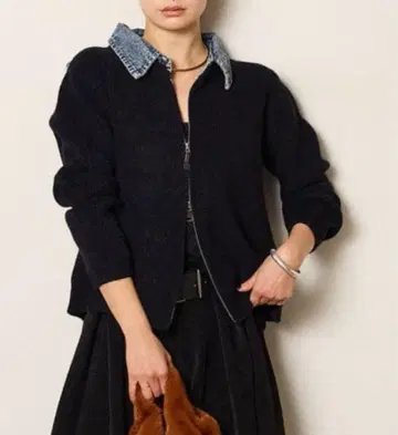 데님 옷깃 W 집업 가디건 블랙