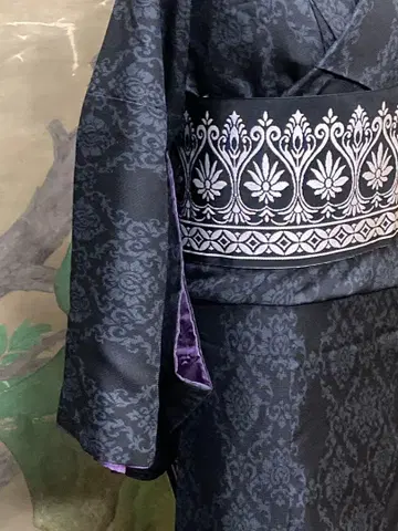 멋진 칠흑 다마스크 무늬 이중 기모노 모던 리버서블 반폭 오비