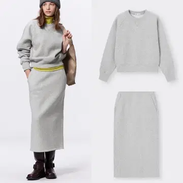 GU 헤비 웨이트 속기모 맨투맨 내로우 스커트 셋업 그레이