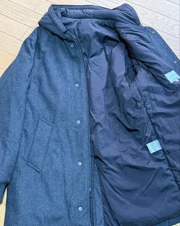 키쿠치 타케오 울 혼방 후드 부착 롱 코트 네이비 XL