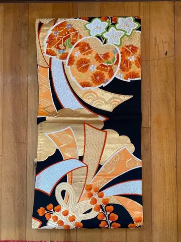 순수 실크 블랙 베이스 후쿠로 오비