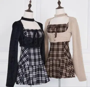 BunnyLis 퍼 볼레로 x 체크 미니 원피스