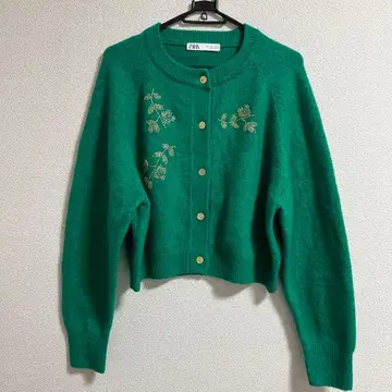 ZARA 에메랄드 그린 비즈 자수 크루넥 가디건 L 사이즈